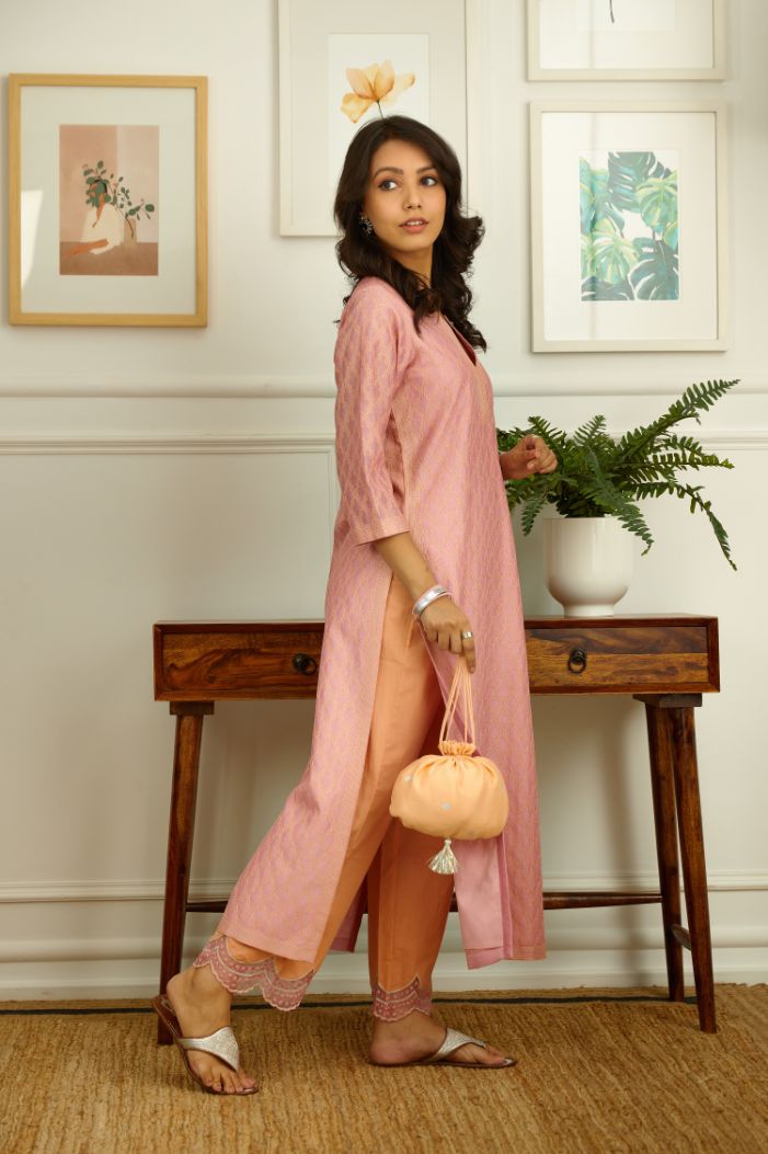 Pink Silk chanderi straight kurta set with full thread embroidery jaal.