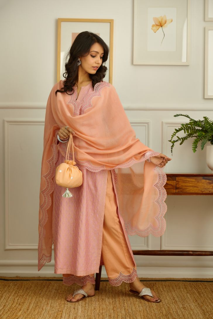 Pink Silk chanderi straight kurta set with full thread embroidery jaal.
