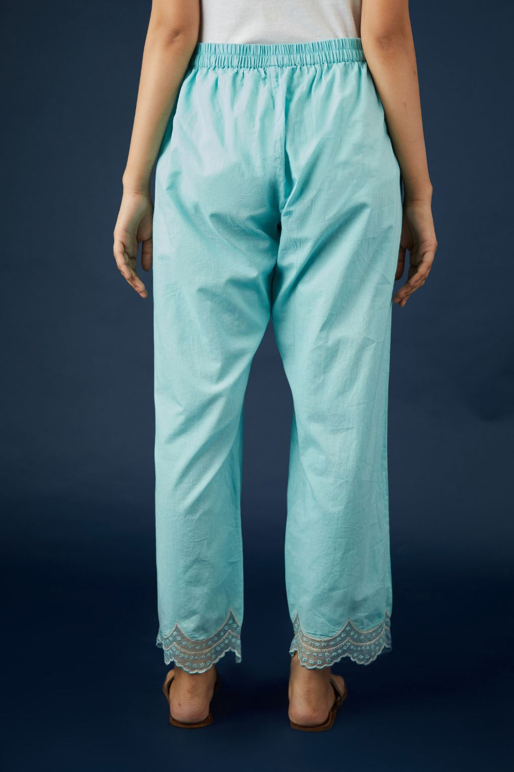 Straight pants with scalloped embroidery at hem. (Pants)