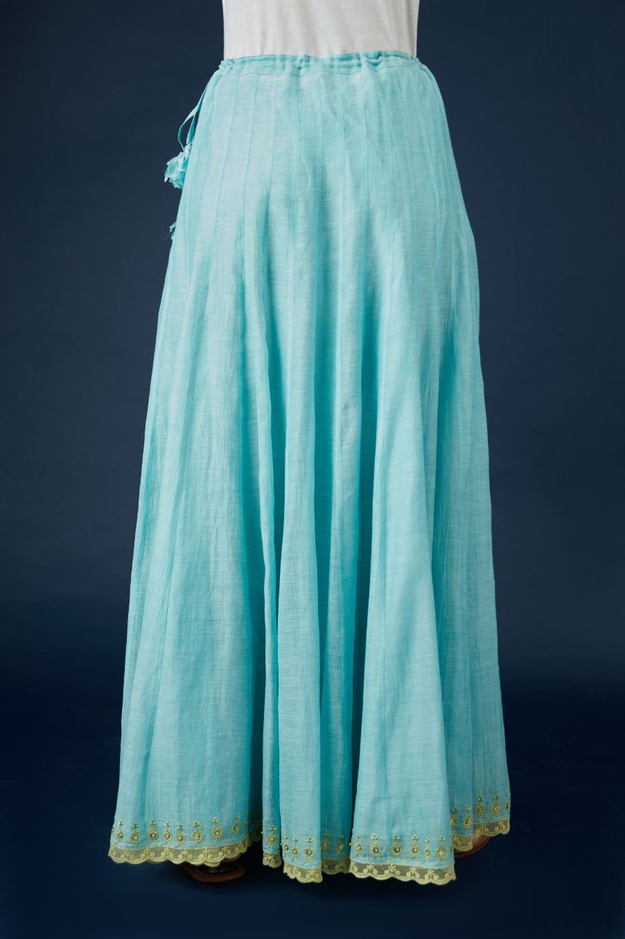 Aqua blue cotton Chanderi multi panelled skirt with lace, embroidery and sequin hand work detailing at edge. (Skirt)
