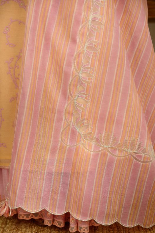 Peach and pink hand block printed cotton chanderi dupatta with lotus shaped cutwork and scalloped edges finished with silver zari. (Dupatta)