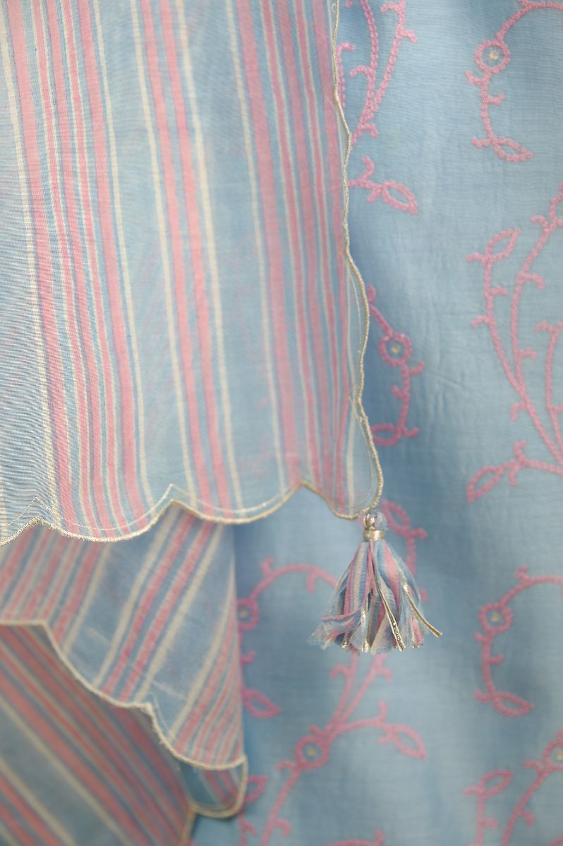 Blue and pink hand block printed cotton chanderi dupatta with lotus shaped cutwork and scalloped edges finished with silver zari. (Dupatta)