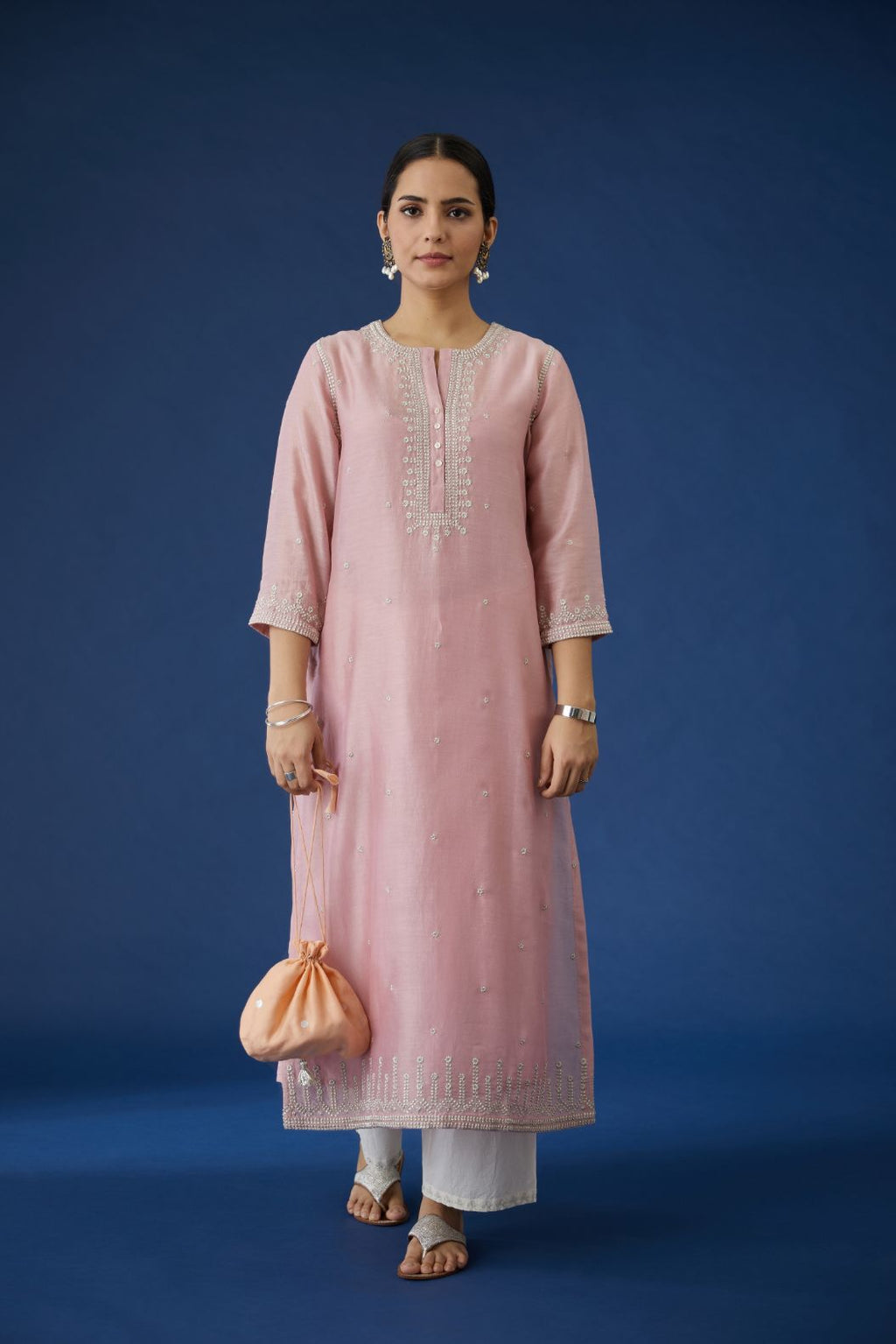 Pink silk chanderi straight kurta set, detailed with all-over silver zari embroidery.