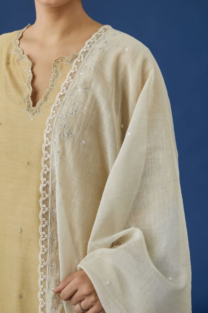Off white cotton chanderi dupatta with all-over small flower embroidery & edges are finished with lace, highlighted with sequins hand work (Dupatta)