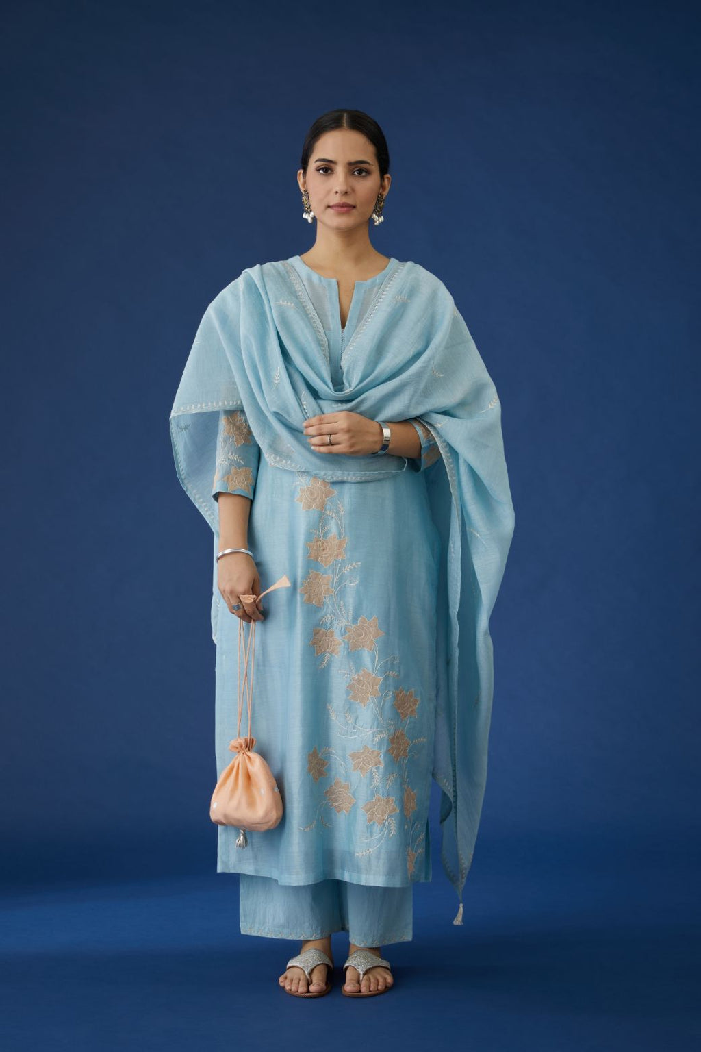 Baby blue cotton chanderi dupatta with all-over silver zari embroidery (Dupatta)