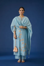Baby blue cotton chanderi dupatta with all-over silver zari embroidery (Dupatta)