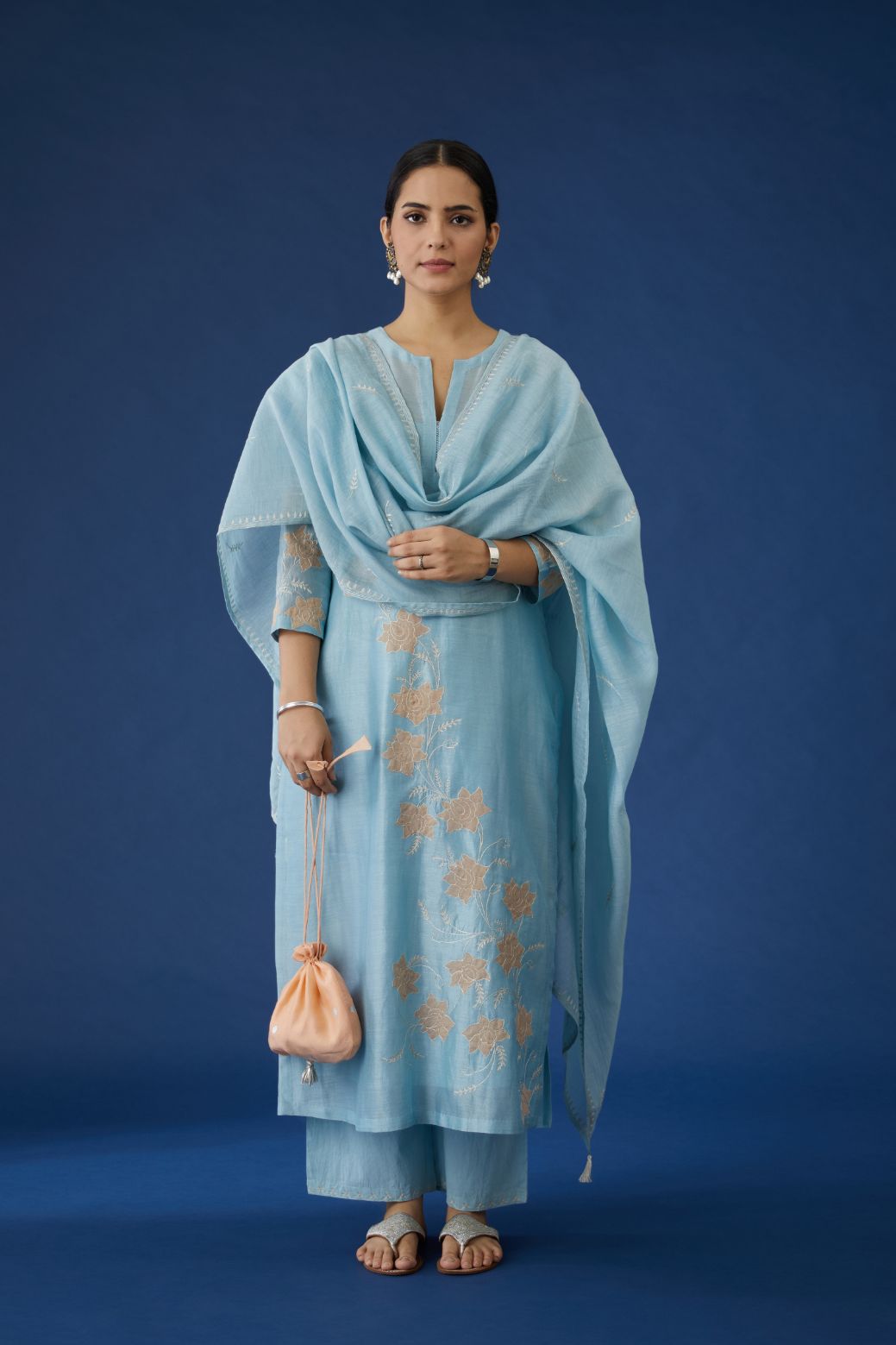 Baby blue cotton chanderi dupatta with all-over silver zari embroidery (Dupatta)