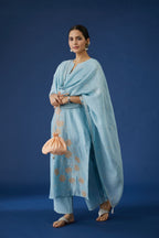 Baby blue cotton chanderi dupatta with all-over silver zari embroidery (Dupatta)