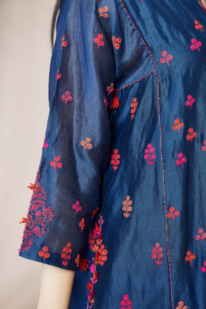 Indigo blue short kalidar kurta set, highlighted with delicate contrast coloured embroidery