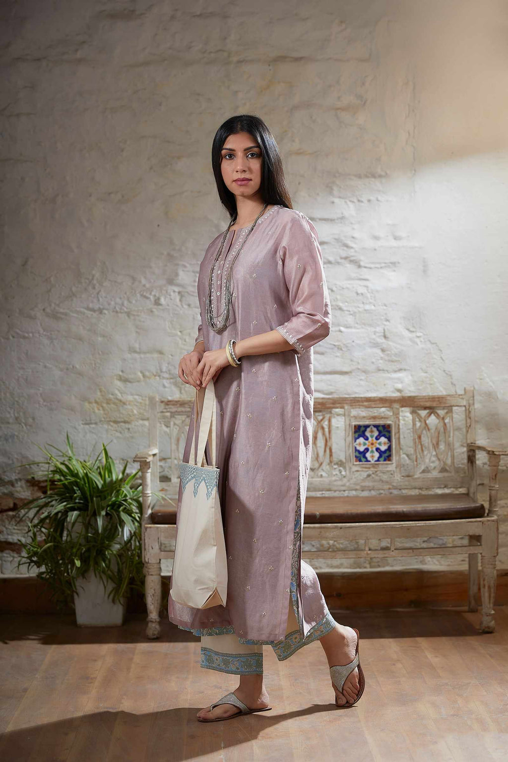 Lilac straight double layer embroidered kurta with printed slip inside and cotton hand block printed straight pant