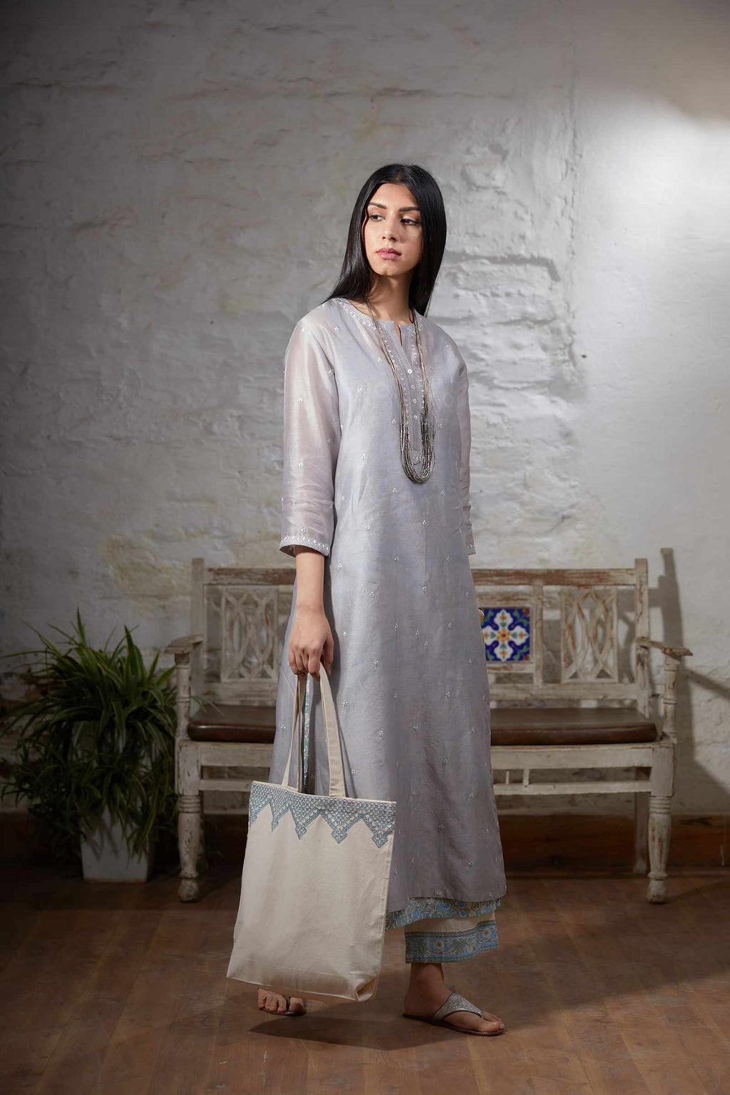 Grey straight double layer embroidered kurta with printed slip inside and cotton hand block printed straight pant