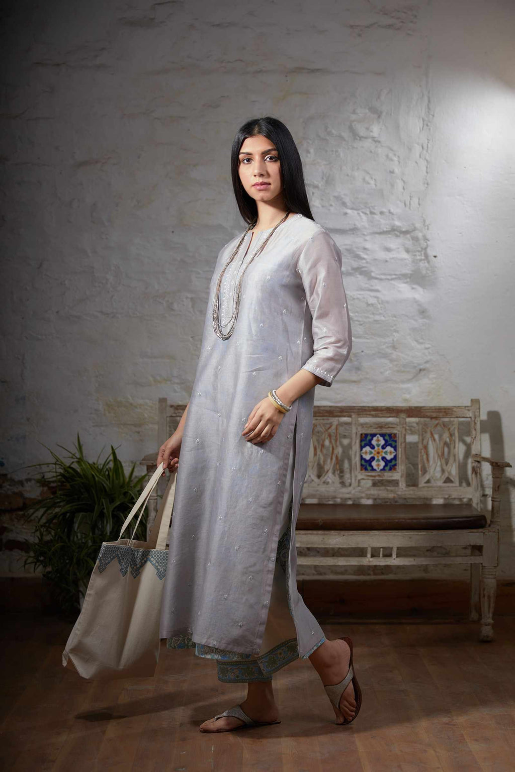 Grey straight double layer embroidered kurta set with printed slip inside