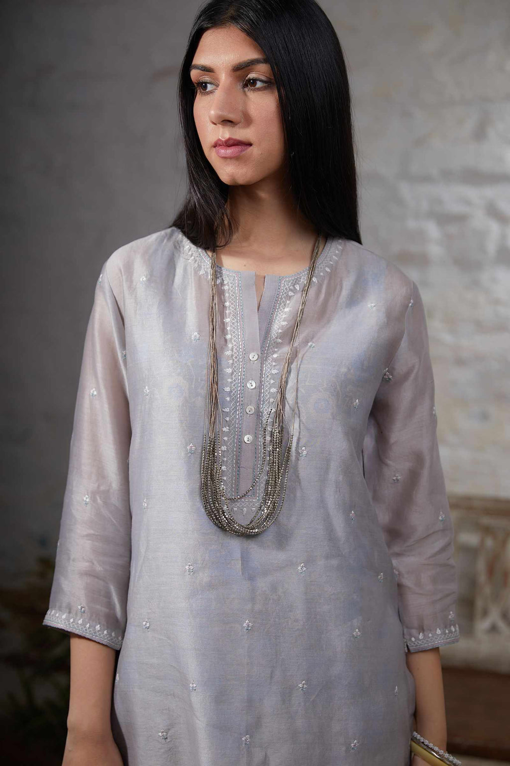 Grey straight double layer embroidered kurta set with printed slip inside