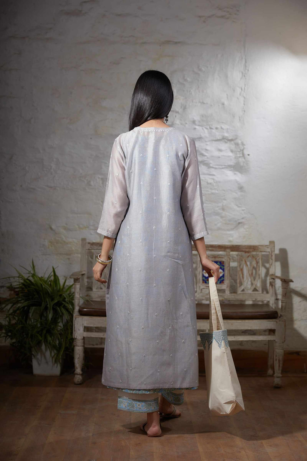 Grey straight double layer embroidered kurta with printed slip inside and cotton hand block printed straight pant