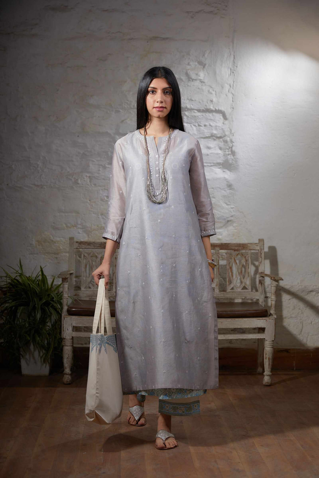Grey straight double layer embroidered kurta with printed slip inside