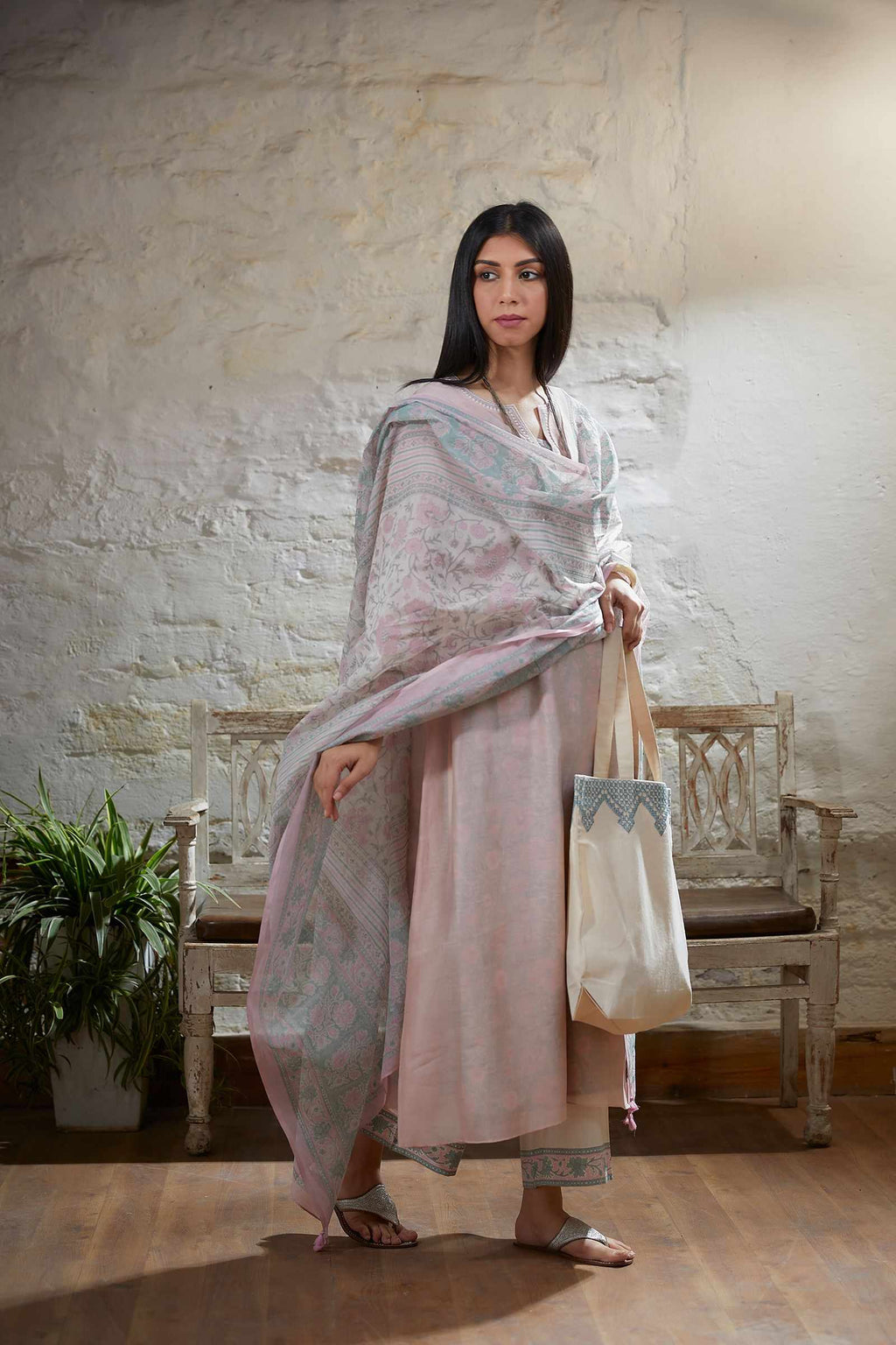 Pink embroidered straight kurta set with tying cord at waist sides and printed slip