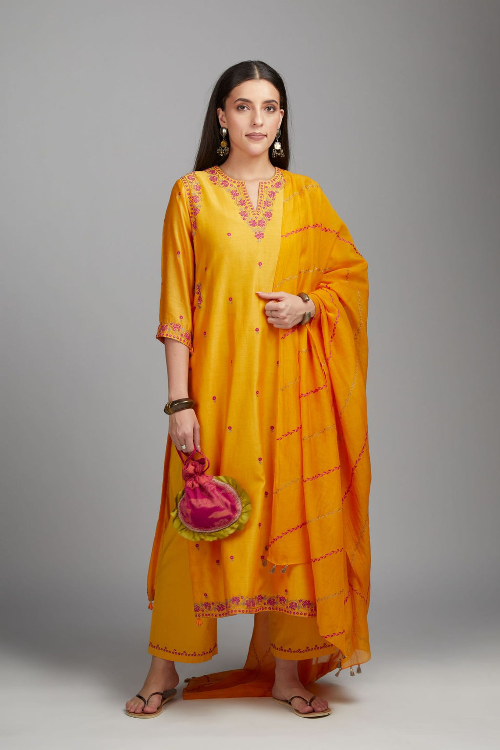 Mango yellow straight kurta set, highlighted with all-over delicate contrast coloured embroidery