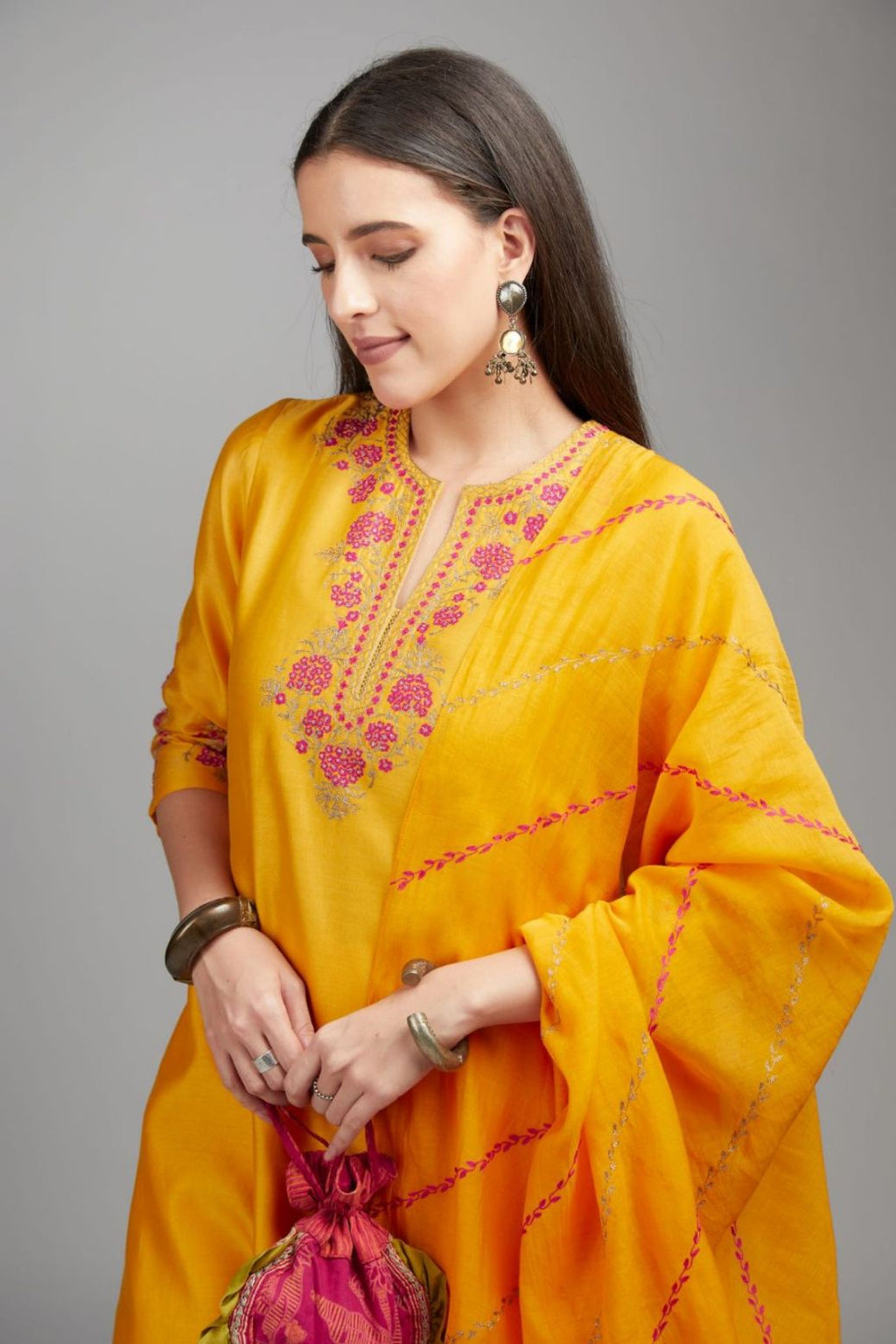 Mango yellow straight kurta set detailed with contrast coloured embroidery at neck and hem