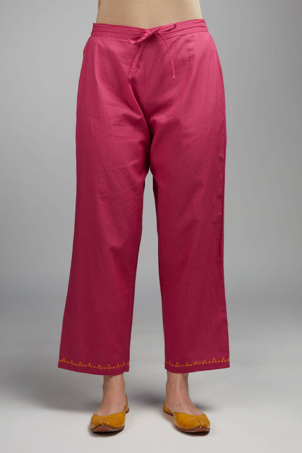 Deep wine cotton straight pant with embroidered hem