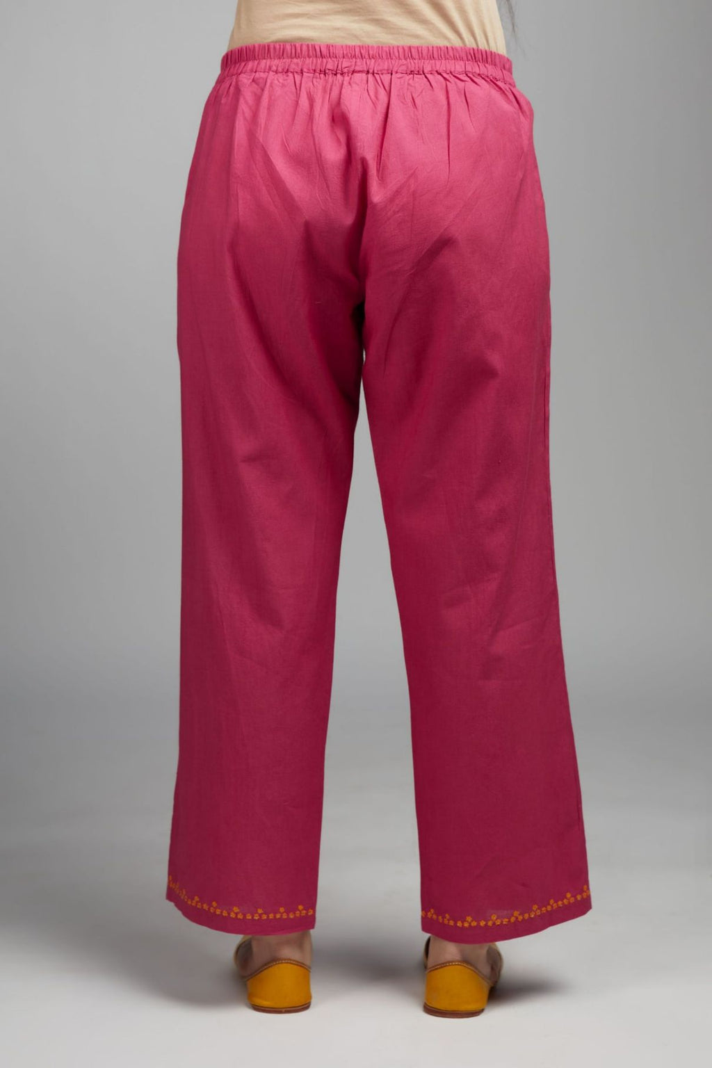 Deep wine cotton straight pant with embroidered hem