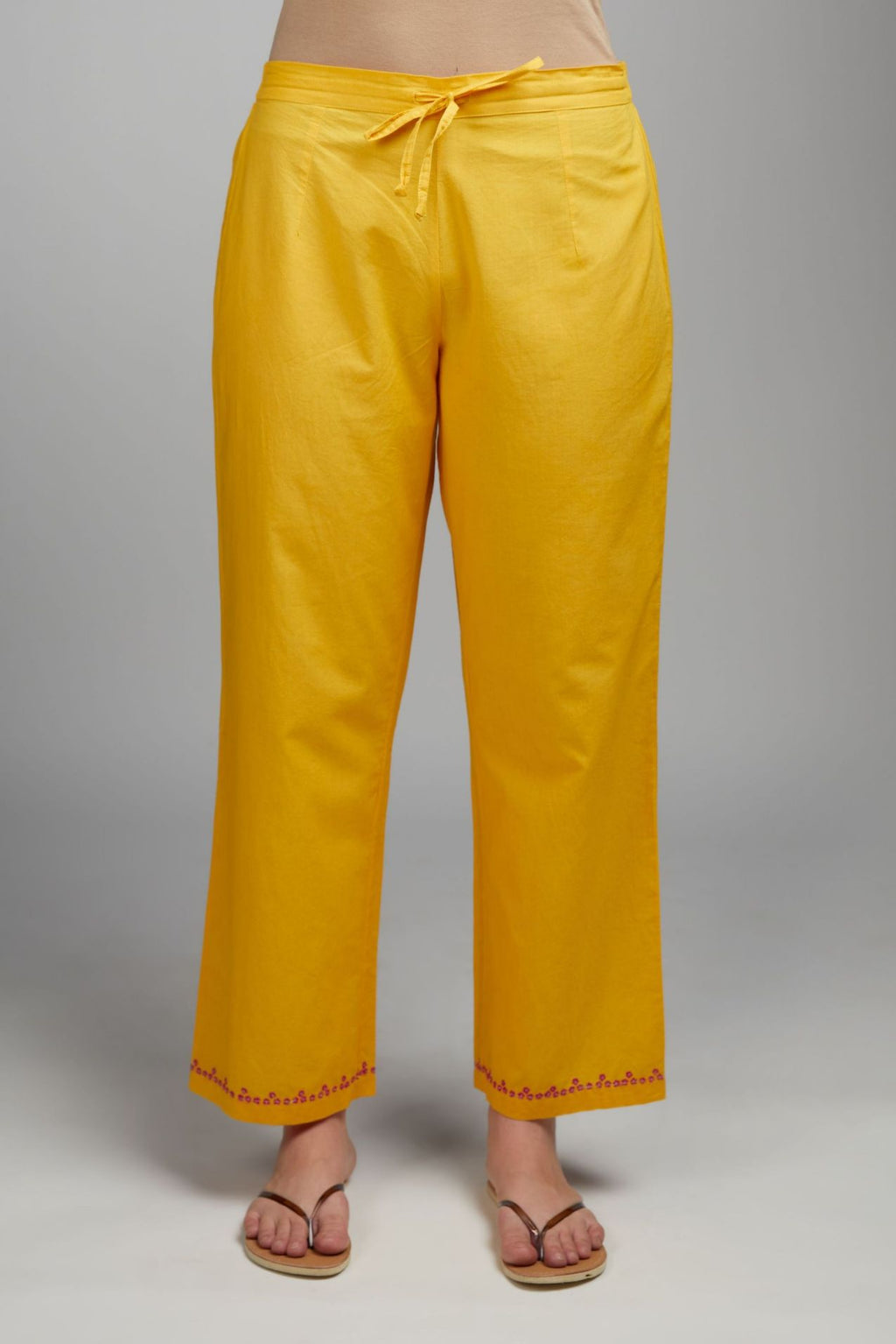 Mango yellow cotton straight pant with embroidered hem