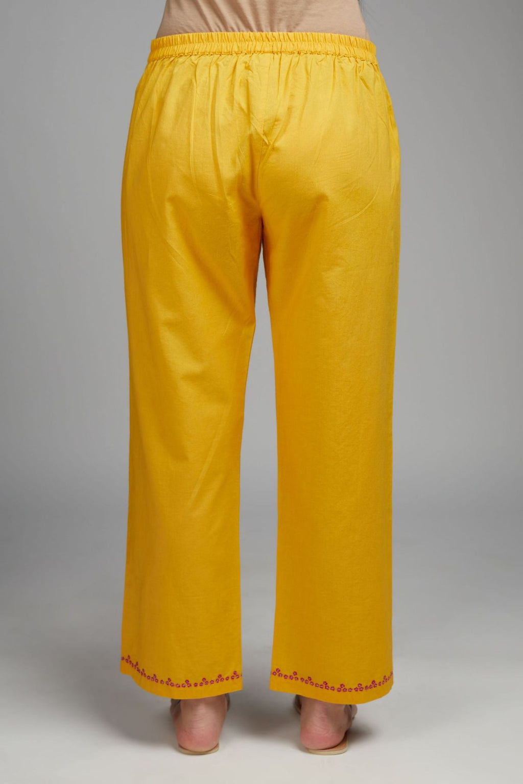 Mango yellow cotton straight pant with embroidered hem