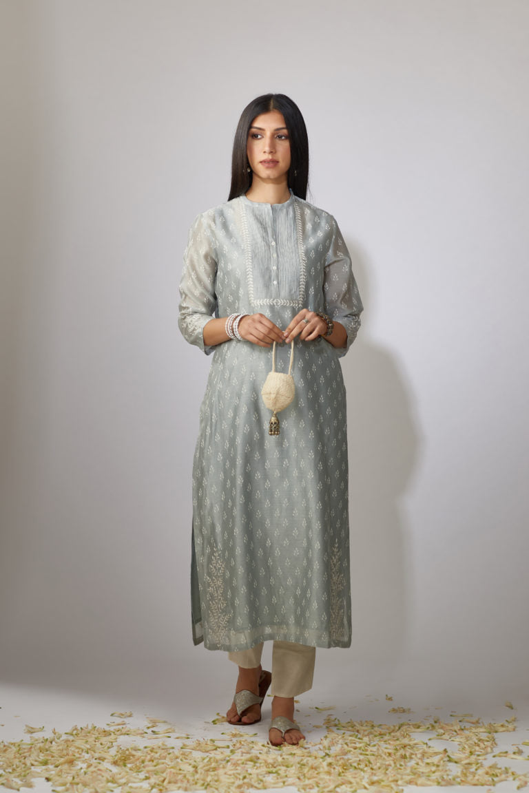 Greenish grey Chanderi kurta set with zari embroidery