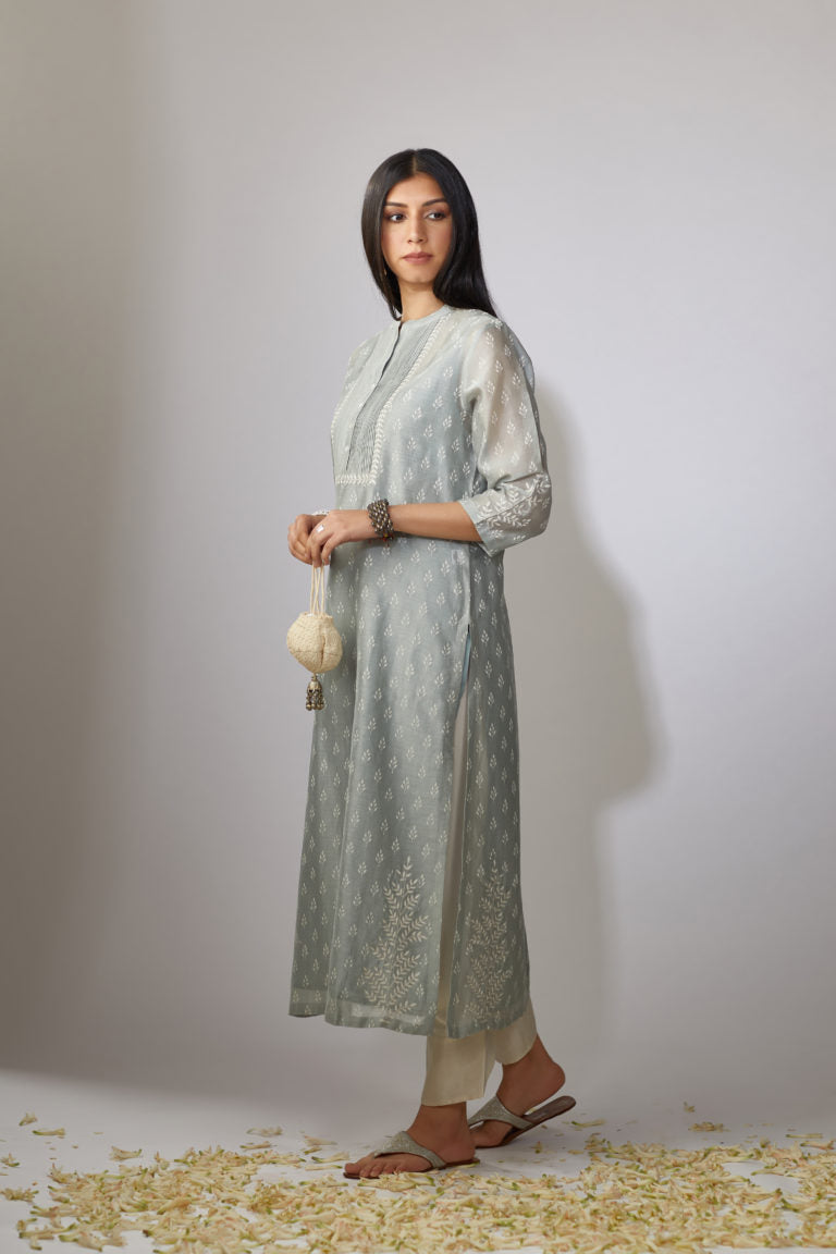 Greenish grey Chanderi kurta set with zari embroidery
