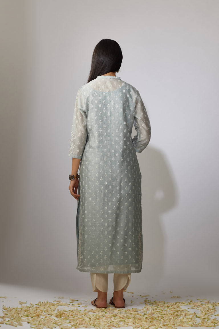 Greenish grey Chanderi kurta set with zari embroidery