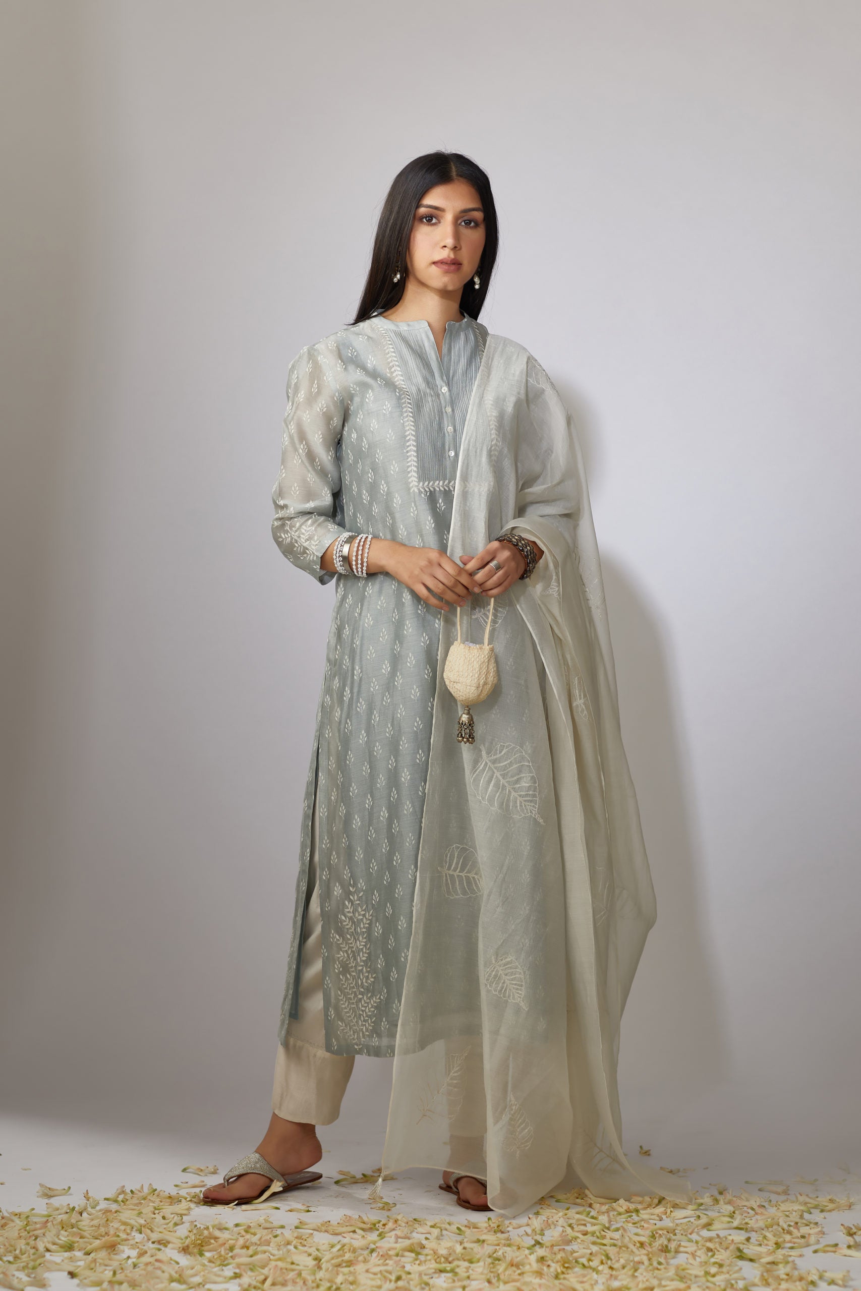 Greenish grey Chanderi kurta set with zari embroidery