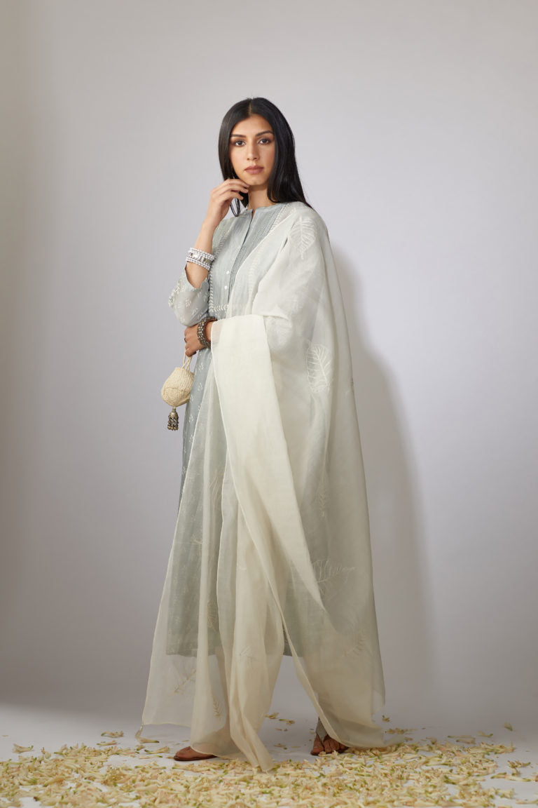 Cotton Chanderi dupatta with overall Leaf motif ari embroidery