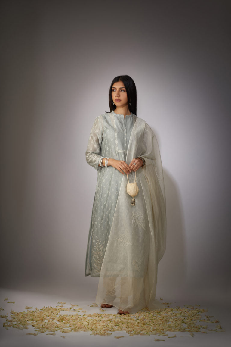 Cotton Chanderi dupatta with overall Leaf motif ari embroidery
