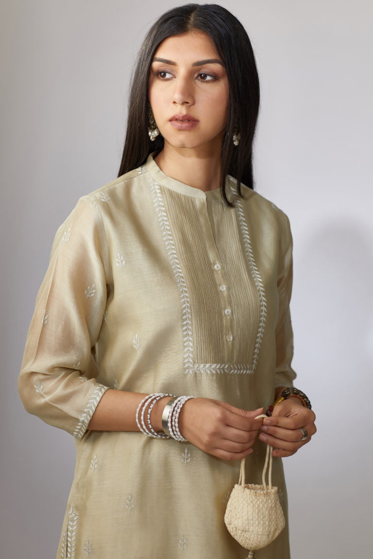 Olive straight Chanderi kurta set with aari embroidery