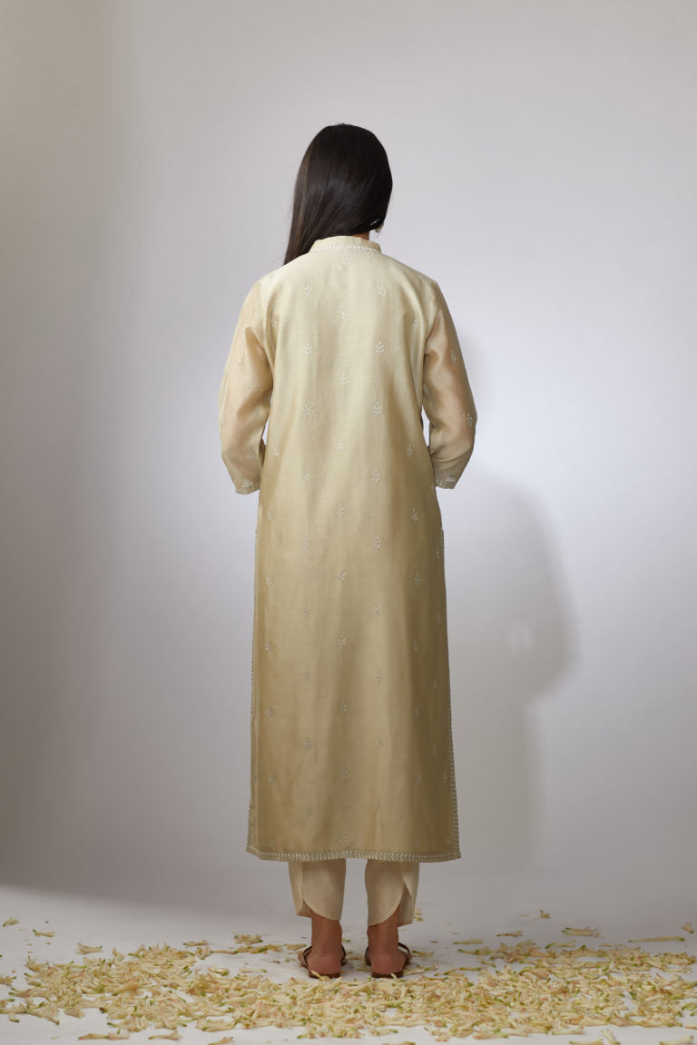 Olive straight Chanderi kurta set with aari embroidery