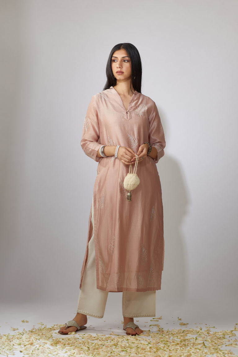 Pastel pink straight kurta set with zari embroidery