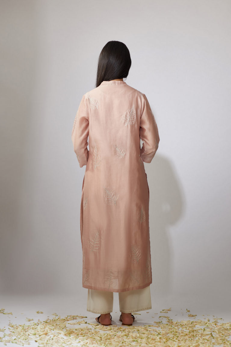 Pastel pink straight kurta set with zari embroidery