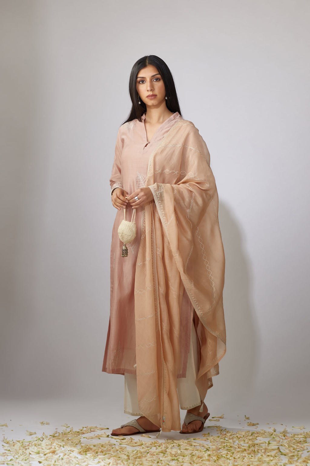 Pastel pink straight kurta set with zari embroidery