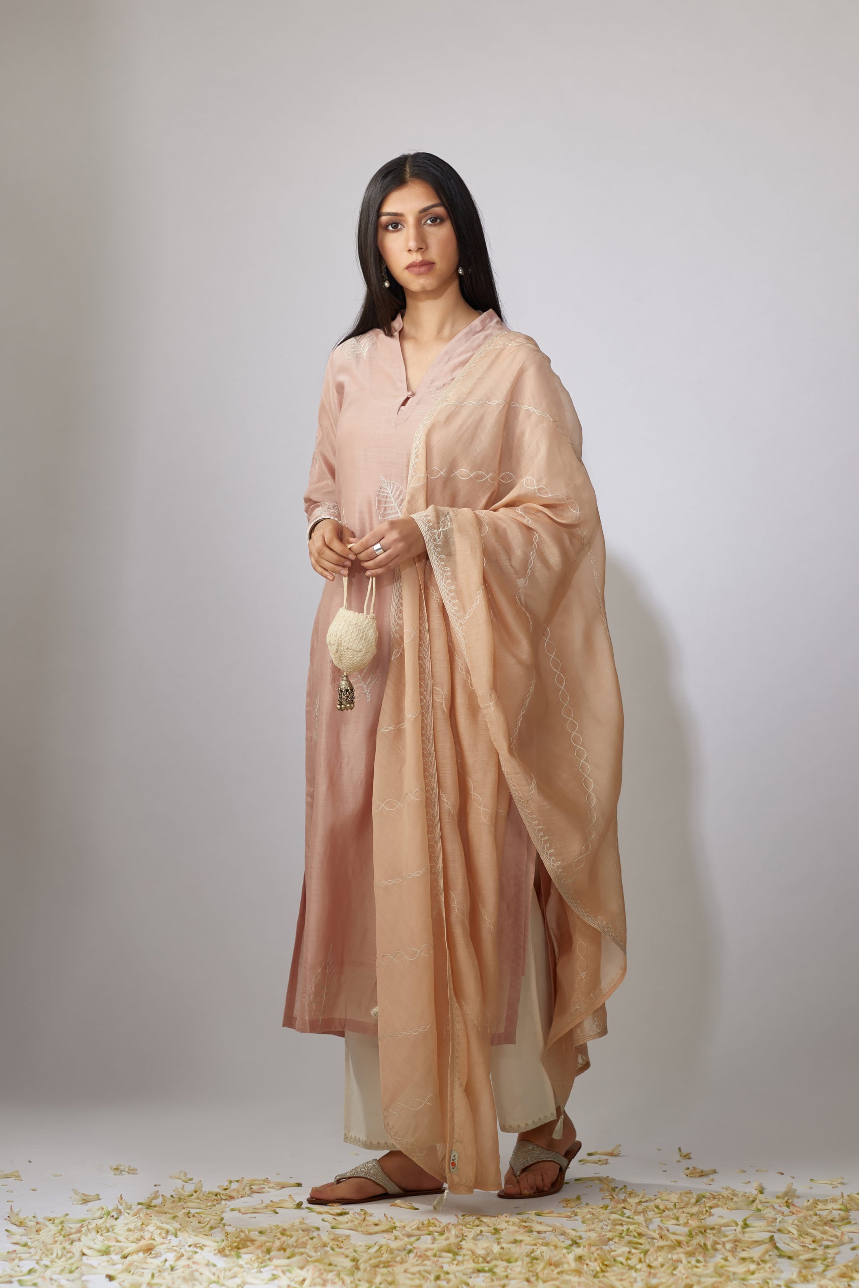 Pastel pink straight kurta set with zari embroidery
