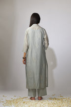 Grey straight kurta set with zari embroidery
