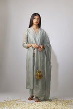 Grey straight kurta set with zari embroidery