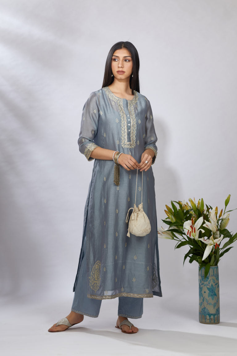 Bluish grey straight kurta set with zari embroidery