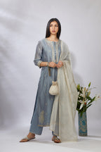 Bluish grey straight kurta set with zari embroidery