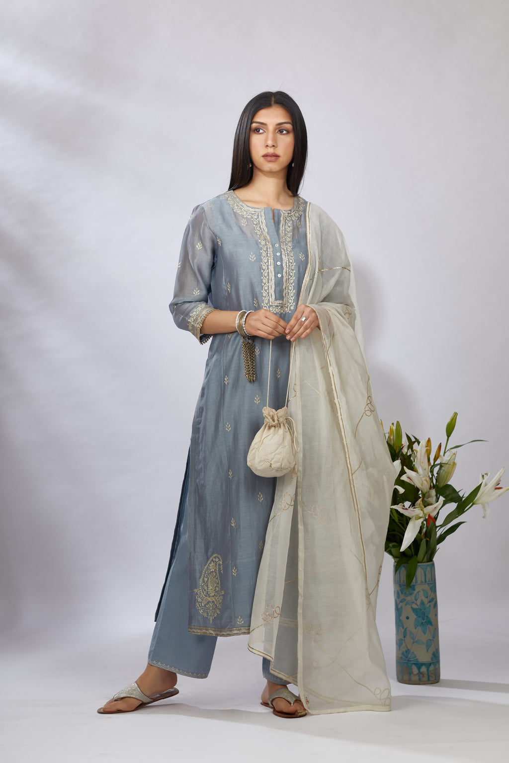 Bluish grey straight kurta set with zari embroidery