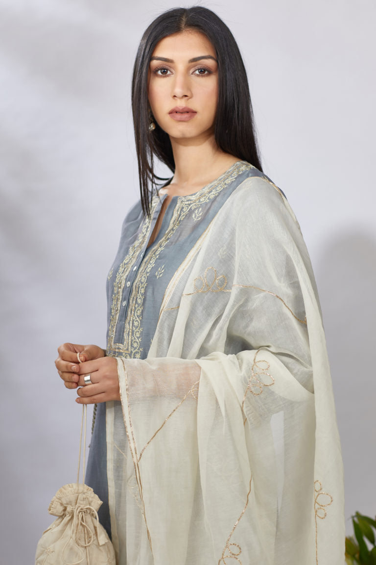 Bluish grey straight kurta set with zari embroidery