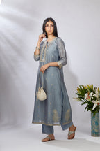Bluish grey straight kurta set with zari embroidery