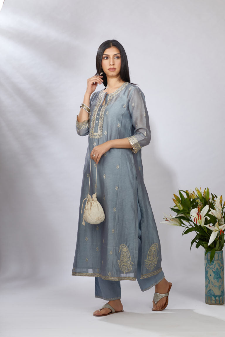Bluish grey straight kurta set with zari embroidery