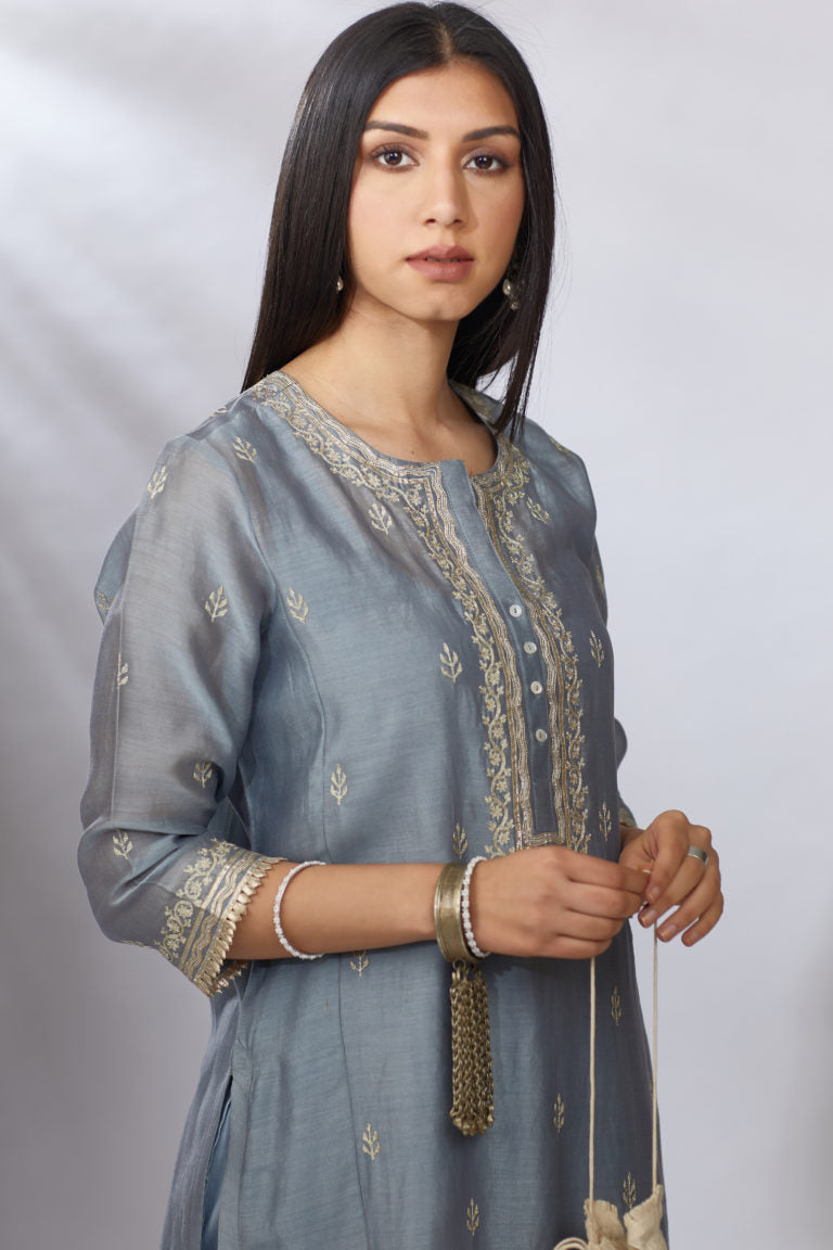 Bluish grey straight kurta set with zari embroidery