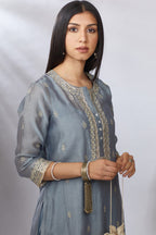 Bluish grey straight kurta set with zari embroidery