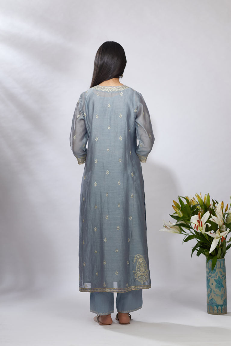 Bluish grey straight kurta set with zari embroidery