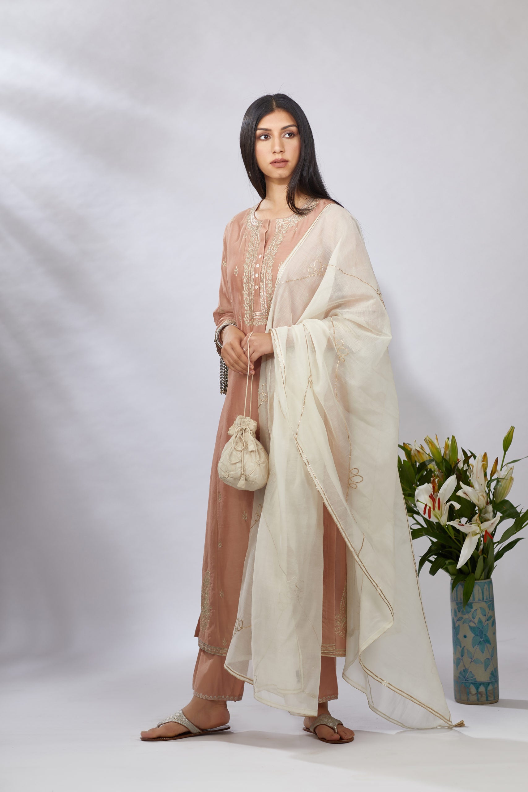 Dusty rust straight kurta set with zari embroidery